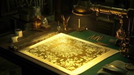 Poster - Engraving station with styluses, golden sheets, and detail guides under task lighting