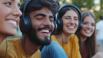 Poster - A group of friends or colleagues working together with headphones on, possibly in a quiet office or studio setting
