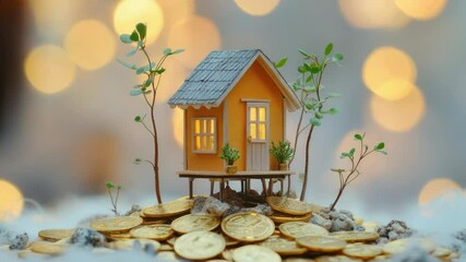 Aufkleber - A small house sits atop a pile of coins, symbolizing prosperity and abundance