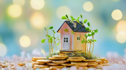 Aufkleber - A small house perched on top of a large pile of coins, great for financial or wealth-related themes