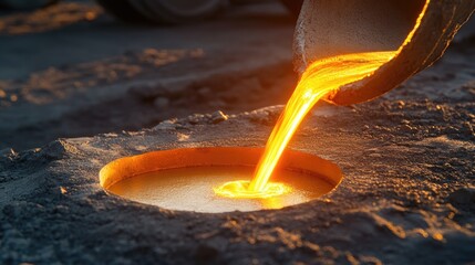 Poster - Jewelry casting process shown in progress with molten metal stream entering a plaster mold