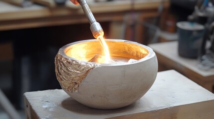 Poster - Jewelry casting process shown in progress with molten metal stream entering a plaster mold