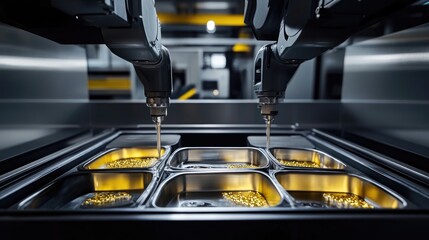 Poster - Jewelry manufacturing line with assembly trays moving between robotic polishing and engraving machines