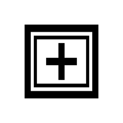 Poster - Black outlined square containing a prominent plus sign centered within a white background space view