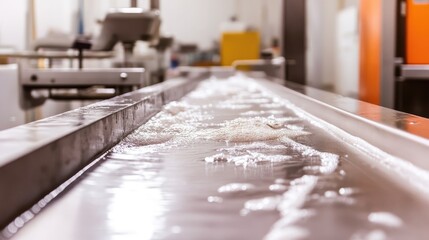 Poster - Long view of conveyor track guiding metal jewelry through cleaning, drying, and packaging steps