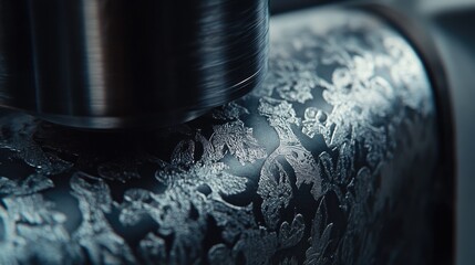 Poster - Macro view of mechanical engraver detailing designs onto mass-produced metal jewelry blanks