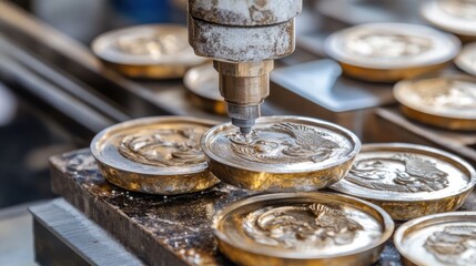 Poster - Macro view of mechanical engraver detailing designs onto mass-produced metal jewelry blanks