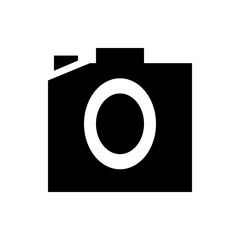 Poster - Illustration of a simple camera icon with a lens and flash in black and white colors isolated on white background