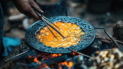 Poster - Molten metal being poured into a detailed jewelry mold on a fireproof surface, surrounded by tongs and safety tools
