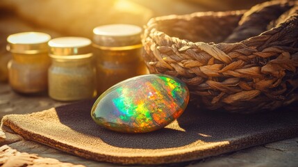 Aufkleber - Opal with rainbow sheen resting on suede mat beside polishing compound containers
