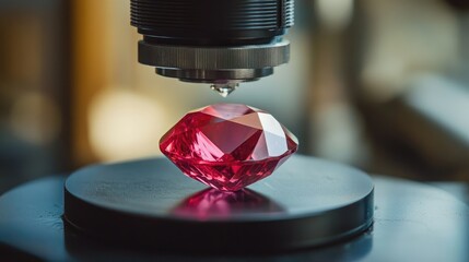 Poster - Optical inspection lens mounted on a workstation with a ruby beneath, highlighting facet alignment