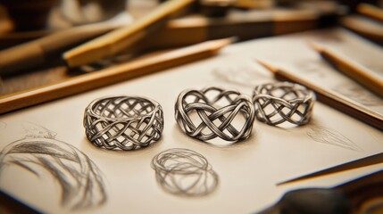 Pencil sketches of intertwined ring designs displayed on an angled drawing board