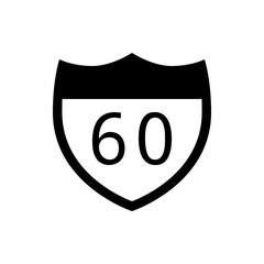 Poster - Illustration of a route marker with the number sixty in a bold font on a white background inside shield