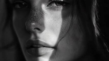 Poster - A close-up view of a woman's face with noticeable freckles, ideal for use in beauty or lifestyle photography