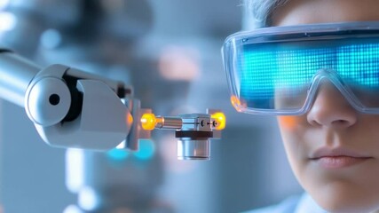 Aufkleber - Future Vision: Witnessing the fusion of human intellect and the precision of robotics, a futuristic scientist engages with a mechanical arm, immersed in an augmented reality environment.