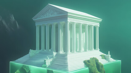 Wall Mural - A white neoclassical building with columns, a portico and a staircase, levitating above a translucent green base. [Gravity Shrines] | Driftspire Field | levitating columns. Illustration