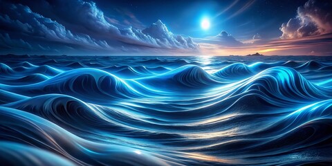 Poster - Abstract Blue Ocean Wave Pattern: Endless Smooth Curves & Gentle Undulations, Night Photography