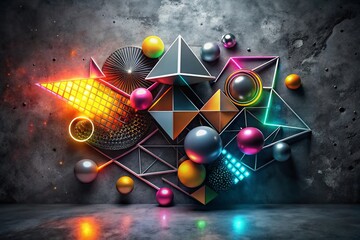 Poster - Abstract Grayscale Geometric Shapes Glowing Lines Dark Background Stock Photo