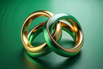 Poster - Abstract Green Gold Intertwined Rings Minimalist 3D Render - Luxury Geometric Design