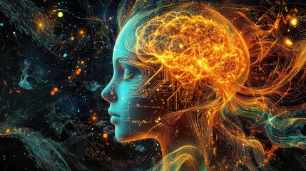 Poster - Abstract female profile with glowing brain