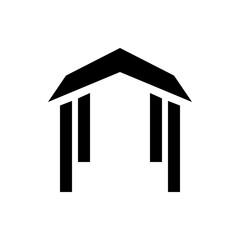 Poster - black and white minimalist illustration of a building facade with three pillars and a roof structure