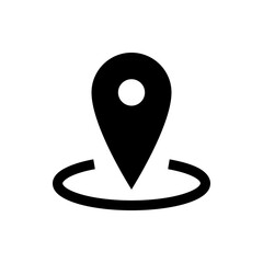 Poster - Black location pin with a white circle inside and a curved line at the bottom indicating the area around it