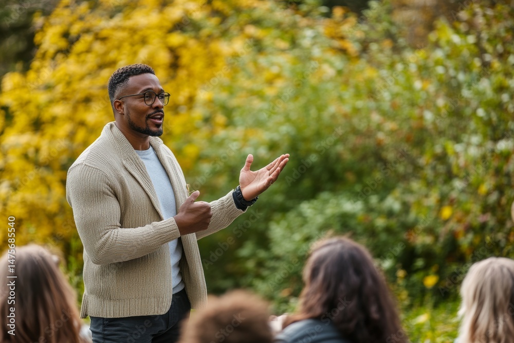diverse motivational speaker delivering an outdoor motivation talk ...