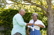© wavebreak3 - Senior African American couple enjoying time together in sunny garden