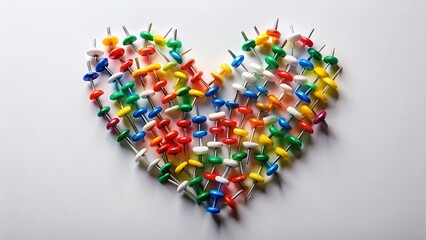 Poster - Colorful Thumbtacks Heart Shape Silhouette on White Background - Stock Photo