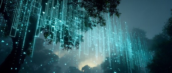 Poster - Surreal digital forest with glowing geometric data streams and magical ambiance