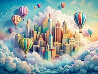 Poster - Double Exposure: Paper Art City Skyline, Floating Clouds, Hot Air Balloons
