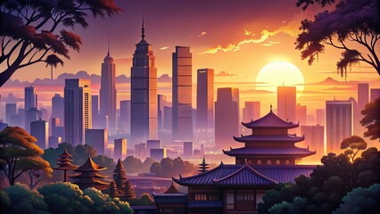 Poster - Dramatic Sunset City Skyline Silhouette, Architectural Photography