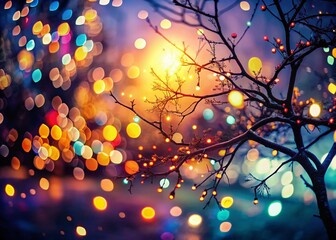 Poster - Dreamy Night: Sparkling Lights & Blurred Branches Double Exposure Stock Photo
