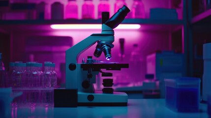 Poster - Fluorescence microscope glowing under low light in a high-tech research laboratory