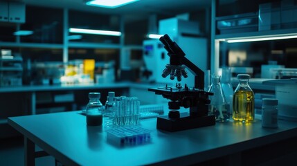 Poster - Fluorescence microscope glowing under low light in a high-tech research laboratory