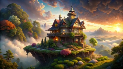 Poster - Fantasy House Hilltop Portrait Photography: Magical Cottage in Misty Mountains