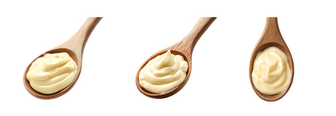Poster - Set of Creamy condiment on wooden spoons. isolated on transparent background