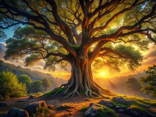 Poster - Golden Hour: Ancient Tree in Low Light, Mystical Forest Scene
