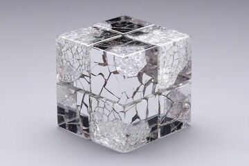 Poster - Abstract shattered glass cube with intricate crack patterns against a gray backdrop