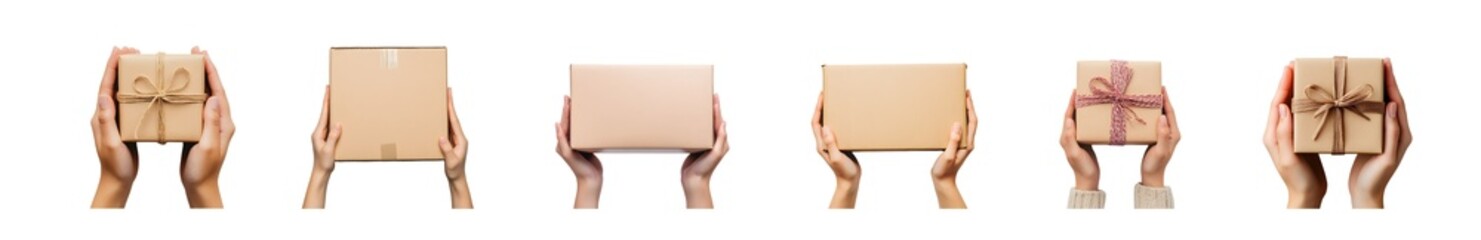 Poster - Set of Hands holding wrapped gifts against a transparent background.