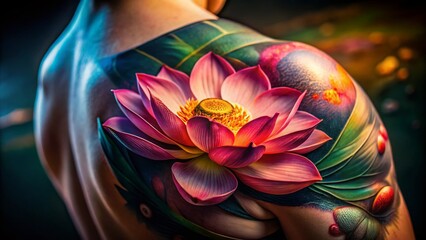 Poster - Low Light Lotus Tattoo Photography: Elegant Floral Body Art in Dark Setting