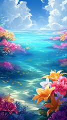 Wall Mural - a vibrant and colorful cartoon sea, with clear blue waters filled with tropical fish swimming among