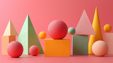 Poster - A modern 3D display features vibrant geometric shapes against a minimalist coral background, creating a visually engaging and textured abstract arrangement.