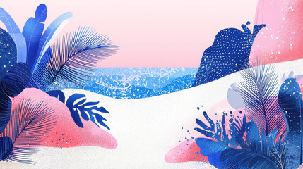 Poster - An illustration featu vibrant geometric patterns depicting a serene surf scene with stylized plants and colorful shapes creating a dreamy coastal vibe.
