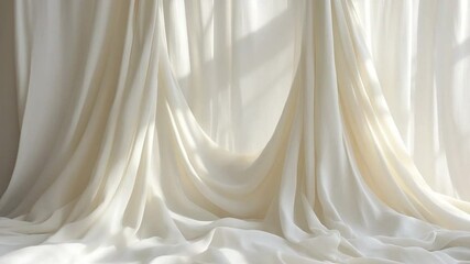 Poster - Draped Fabric Texture: Luxurious cream-colored fabric in soft, elegant drapes, illuminated by natural light, creates a sophisticated and calming background.