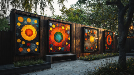 Poster - Vibrant geometric paintings adorn a modern fence in a playful outdoor space, creating a visually stimulating and cheerful environment for children to enjoy art.