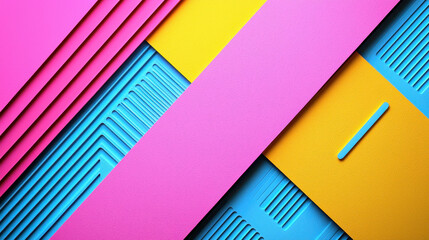 Poster - A vibrant kids art project showcasing geometric patterns in pink, yellow, and blue with textured elements creating a visually stimulating and playful design.
