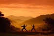 © Marcos Kulenkampff - Two individuals practice Tai Chi at sunrise, overlooking a majestic mountain range.