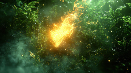 Poster - Translucent golden energy shapes layer amidst bright green foliage, evoking a dreamy, fantastical, vibrant, and ethereal atmosphere filled with mystery and light.