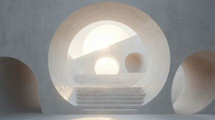 Poster - Abstract monochromatic design featu angled shapes and radiant lighting exuding minimalist beauty in a conceptual architectural space with steps.